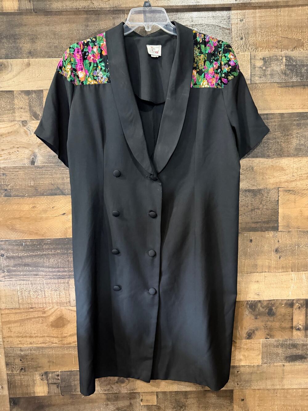 Vintage 80s Incino Made in USA Black Floral Yoke Tuxedo Blazer Dress - 2X / XL